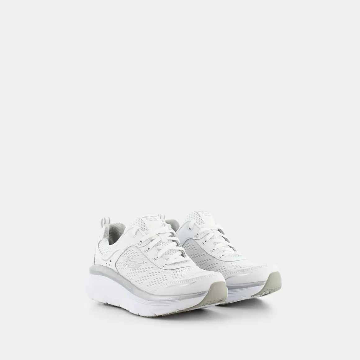 Discount SKECHERS 149023 D'Lux Walker White & Silver Leather / White Mesh / Silver Trim - Sportive Bianco