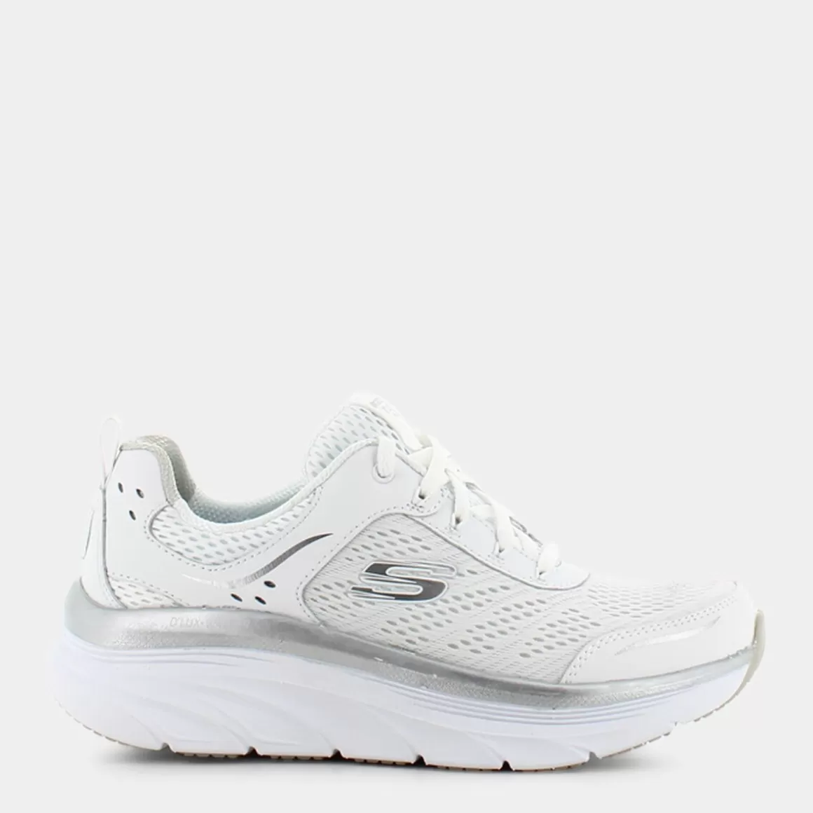 Discount SKECHERS 149023 D'Lux Walker White & Silver Leather / White Mesh / Silver Trim - Sportive Bianco
