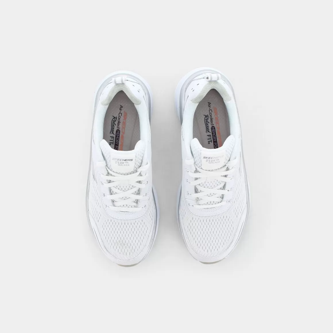 Discount SKECHERS 149023 D'Lux Walker White & Silver Leather / White Mesh / Silver Trim - Sportive Bianco